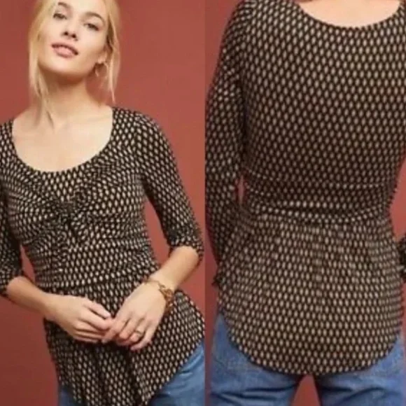 Anthropologie Meadow Rue Josalyn Brown Black Tie Front Diamond Print Top XL - Picture 6 of 6